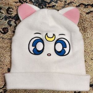 Cute White Beanie with Cat Ears and Cartoon Design